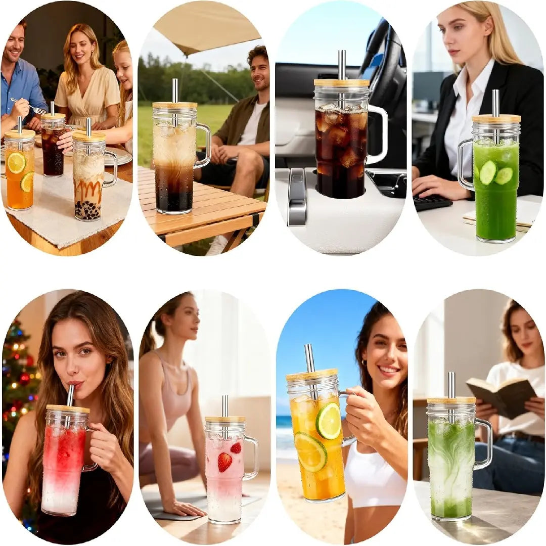🥤💧 Stylish 24oz Reusable Glass Tumblers With Bamboo Lids And Stainless Steel Straws