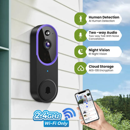 Wireless Video Doorbell Camera with AI Human Detection