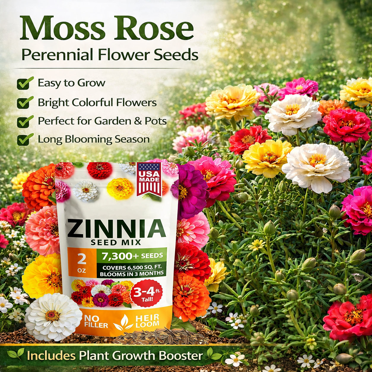💫🌸Moss Rose🌿Perennial Flower Seeds With Plant Growth Supplement