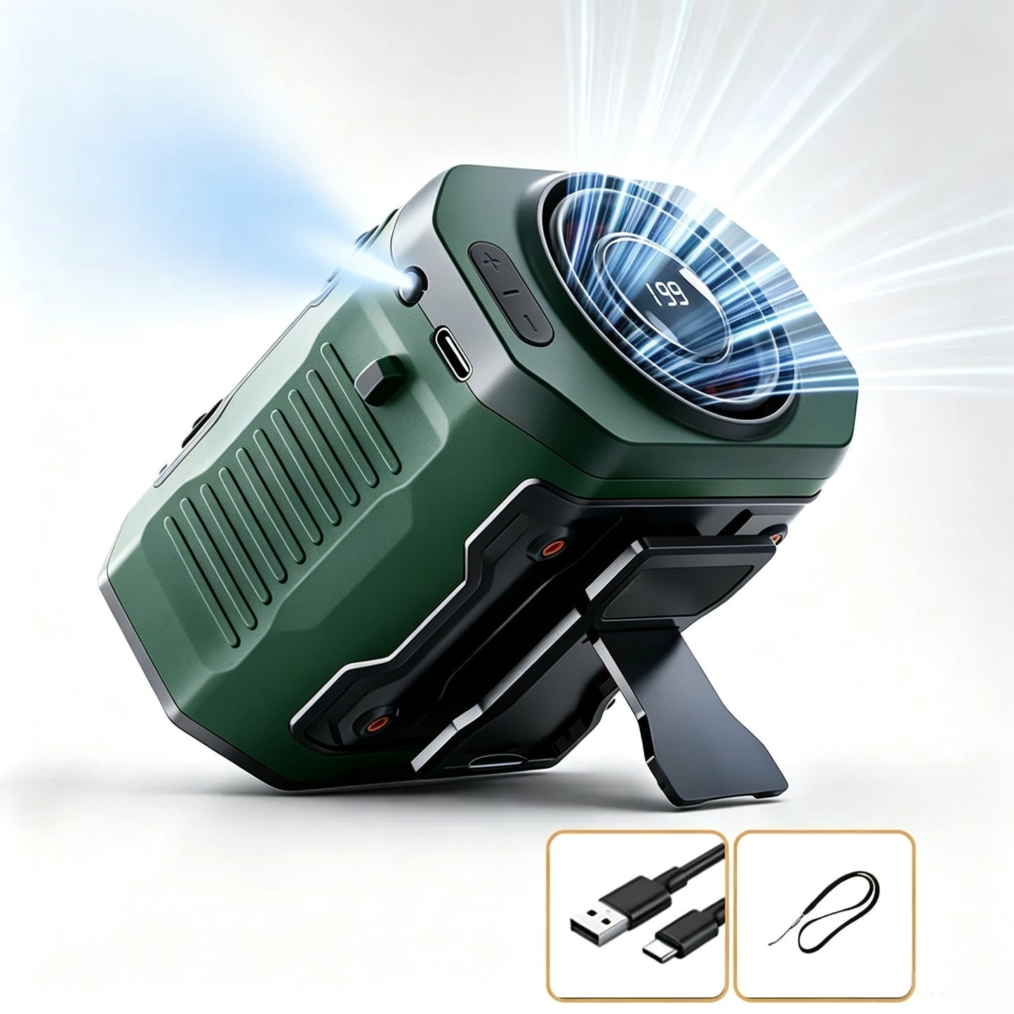 💨USB Rechargeable Waist Clip Fan | 199 Speed Portable Outdoor Fan with Flashlight & Power Display