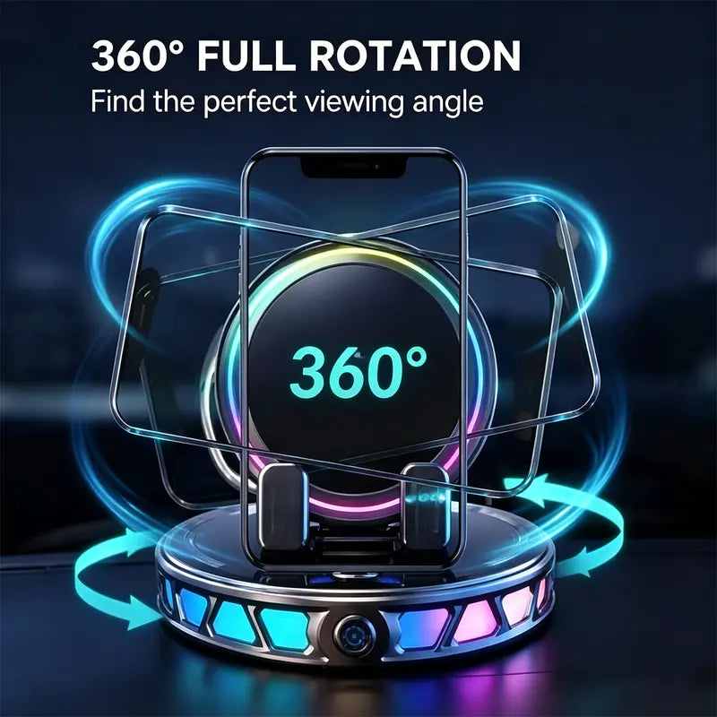 📱🚗🔄360° Rotating Wireless Charging Car Phone Mount with RGB LED Lights