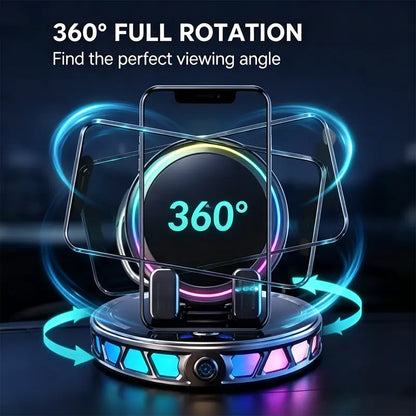 📱🚗🔄360° Rotating Wireless Charging Car Phone Mount with RGB LED Lights