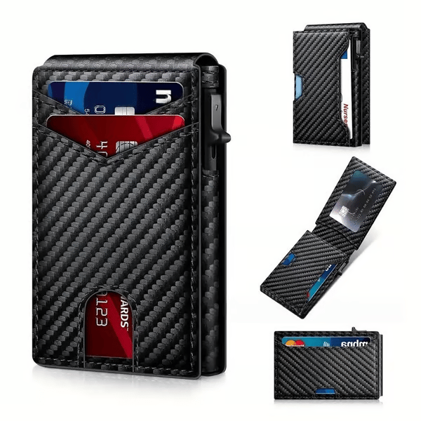 💼🔒Premium Aluminum RFID Blocking Minimalist Wallet for Men – Pop-Up Quick Access Card Holder with ID Window