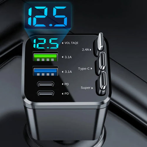 🚗7-in-1 Retractable Car Charger with USB-C & Voltage Display📱