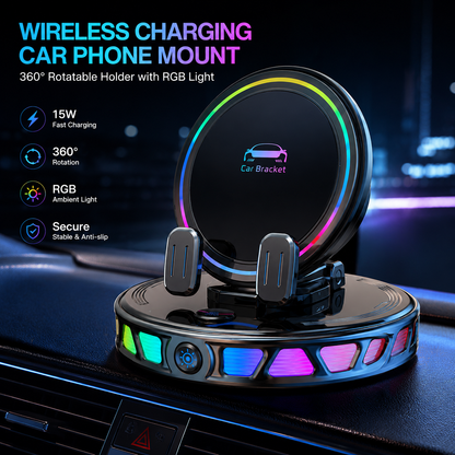 📱🚗🔄360° Rotating Wireless Charging Car Phone Mount with RGB LED Lights