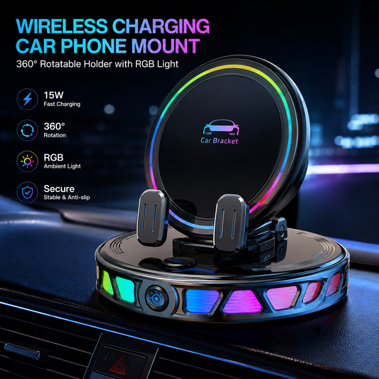 📱🚗🔄360° Rotating Wireless Charging Car Phone Mount with RGB LED Lights