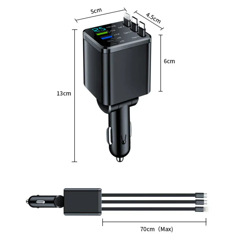 🚗7-in-1 Retractable Car Charger with USB-C & Voltage Display📱