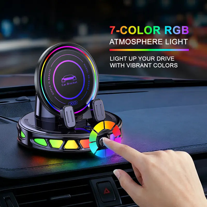 📱🚗🔄360° Rotating Wireless Charging Car Phone Mount with RGB LED Lights