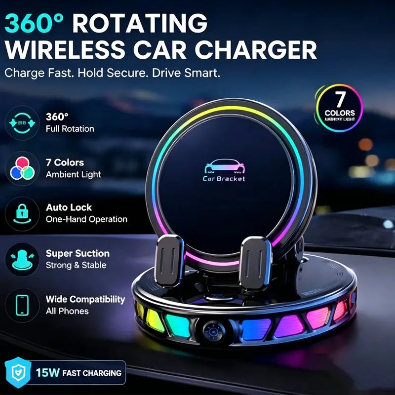 📱🚗🔄360° Rotating Wireless Charging Car Phone Mount with RGB LED Lights