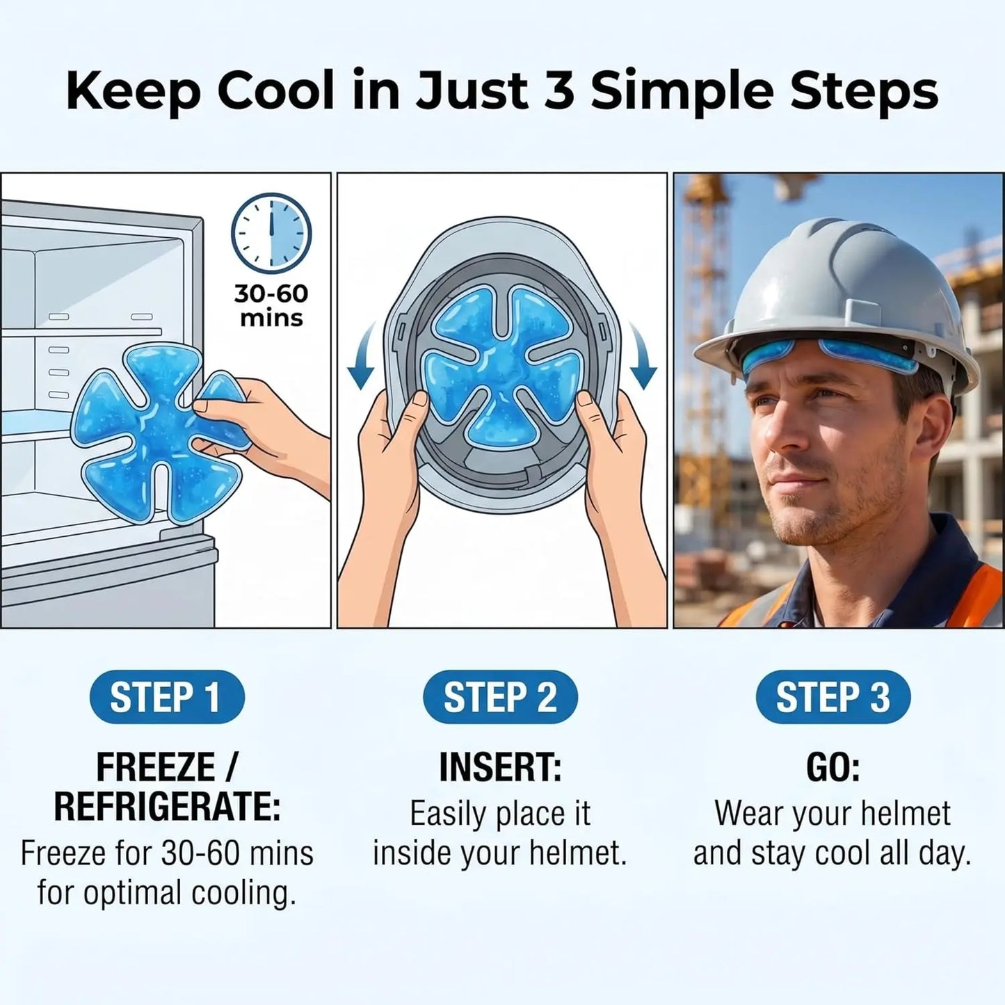 ❄️ Reusable Cooling Gel Ice Packs, Cold Inserts for Hard Hats & Sun Hats, Summer Heat Relief
