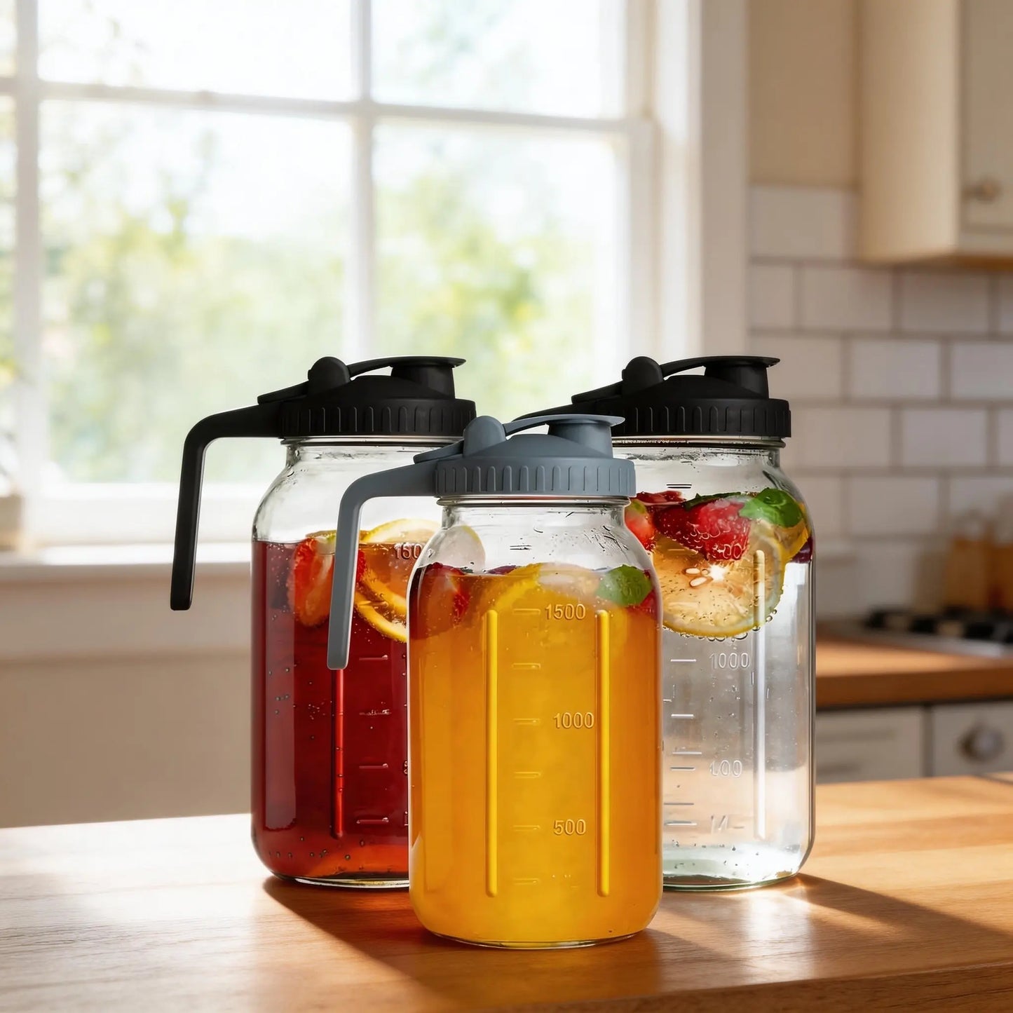 🧊✨ 64oz Thickened Borosilicate Glass Pitchers | Food-Grade Safe with Leakproof Flip Lids