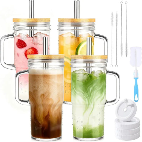 🥤💧 Stylish 24oz Reusable Glass Tumblers With Bamboo Lids And Stainless Steel Straws
