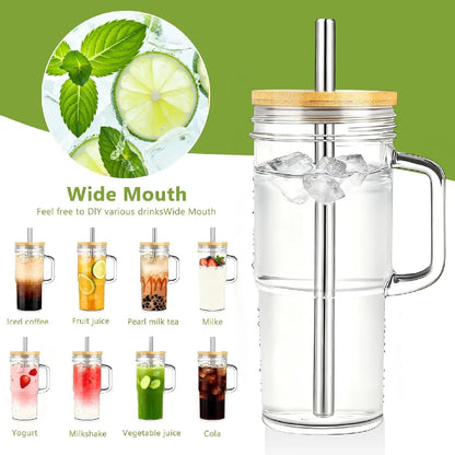 🥤💧 Stylish 24oz Reusable Glass Tumblers With Bamboo Lids And Stainless Steel Straws