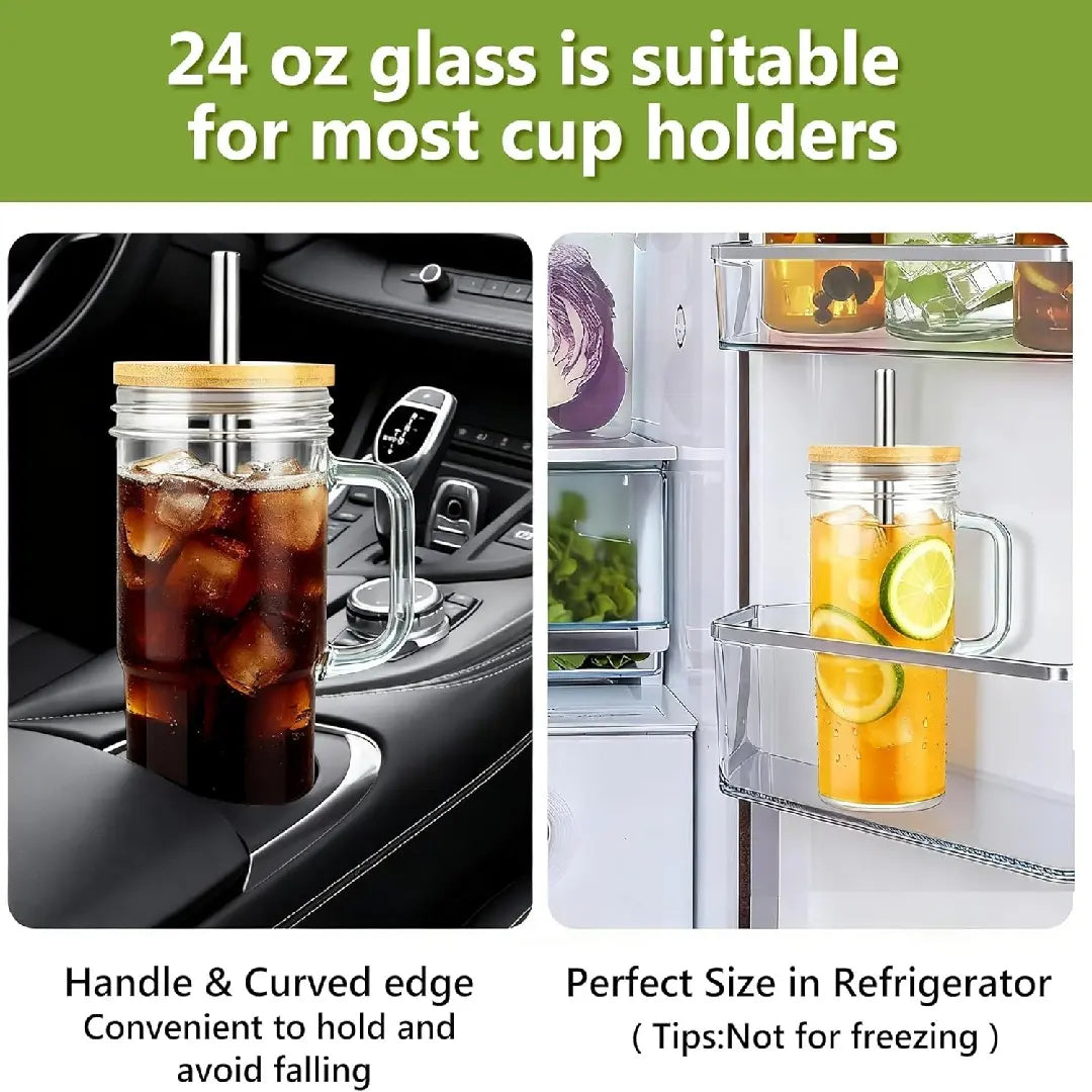 🥤💧 Stylish 24oz Reusable Glass Tumblers With Bamboo Lids And Stainless Steel Straws