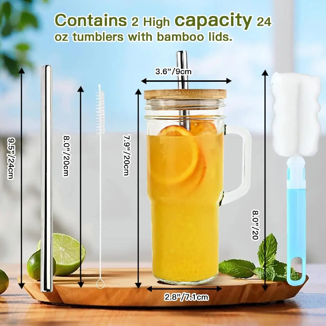 🥤💧 Stylish 24oz Reusable Glass Tumblers With Bamboo Lids And Stainless Steel Straws