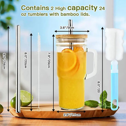 🥤💧 Stylish 24oz Reusable Glass Tumblers With Bamboo Lids And Stainless Steel Straws