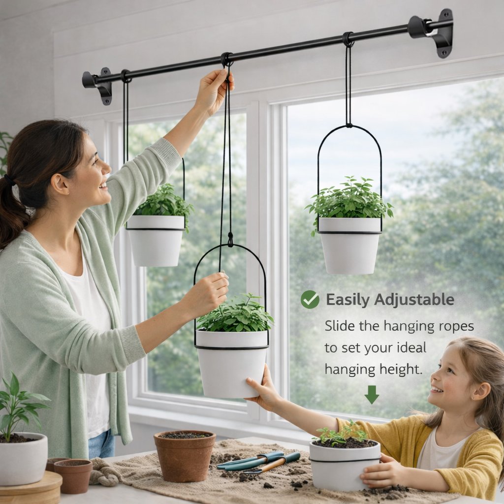 🌿 Adjustable Hanging Window Planter Set – Metal Plant Hanger with 3 Pots for Indoor & Outdoor Spaces