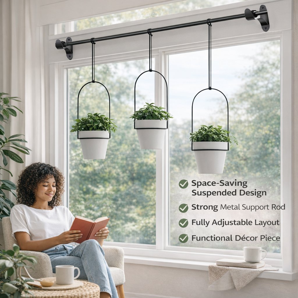 🌿 Adjustable Hanging Window Planter Set – Metal Plant Hanger with 3 Pots for Indoor & Outdoor Spaces