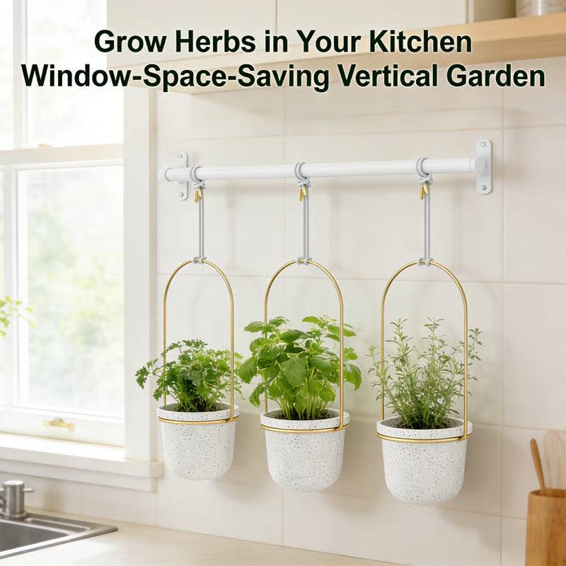 🌿 Adjustable Hanging Window Planter Set – Metal Plant Hanger with 3 Pots for Indoor & Outdoor Spaces