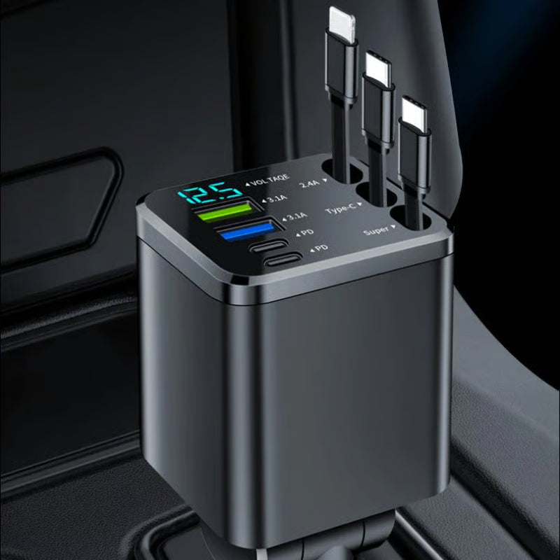 🚗7-in-1 Retractable Car Charger with USB-C & Voltage Display📱
