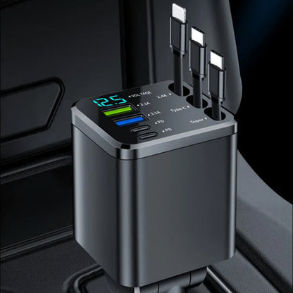 🚗7-in-1 Retractable Car Charger with USB-C & Voltage Display📱