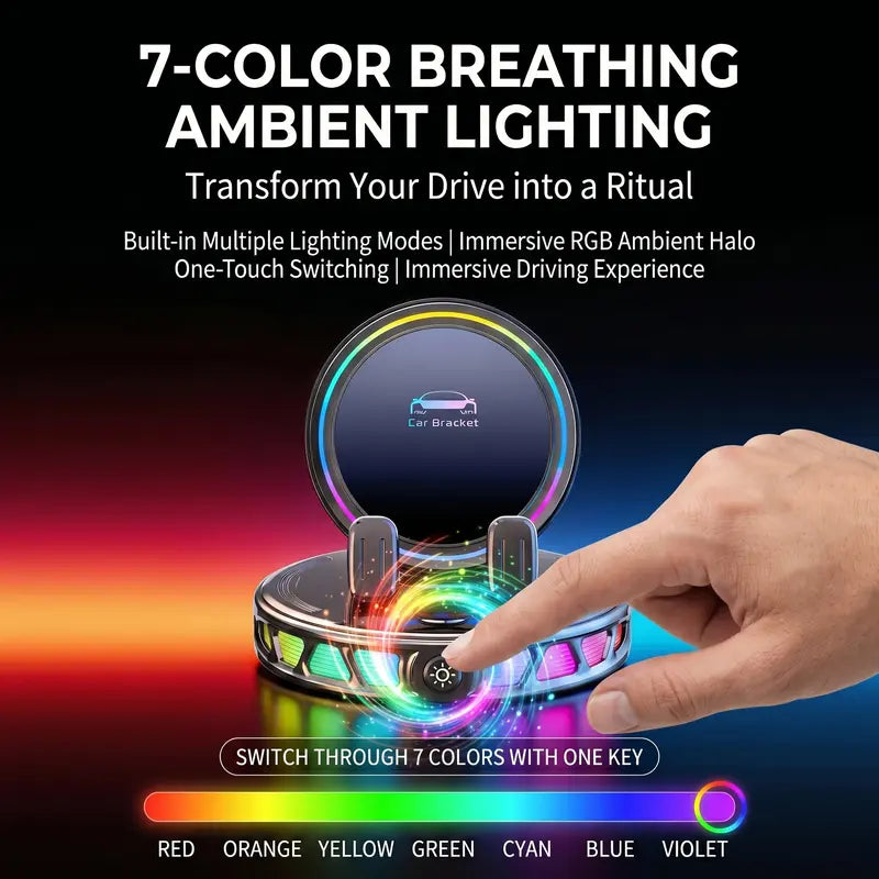 📱🚗🔄360° Rotating Wireless Charging Car Phone Mount with RGB LED Lights