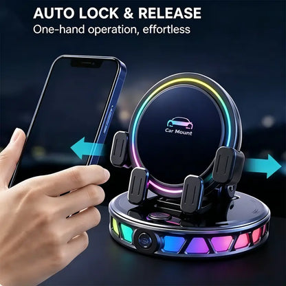 📱🚗🔄360° Rotating Wireless Charging Car Phone Mount with RGB LED Lights