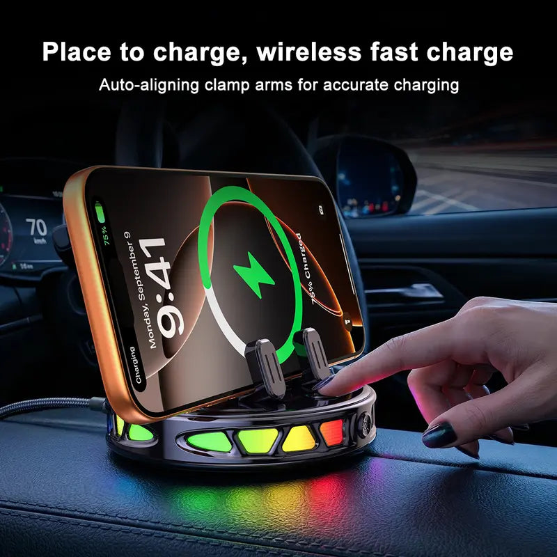 📱🚗🔄360° Rotating Wireless Charging Car Phone Mount with RGB LED Lights