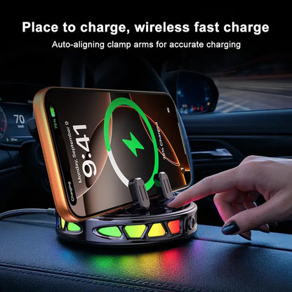 📱🚗🔄360° Rotating Wireless Charging Car Phone Mount with RGB LED Lights