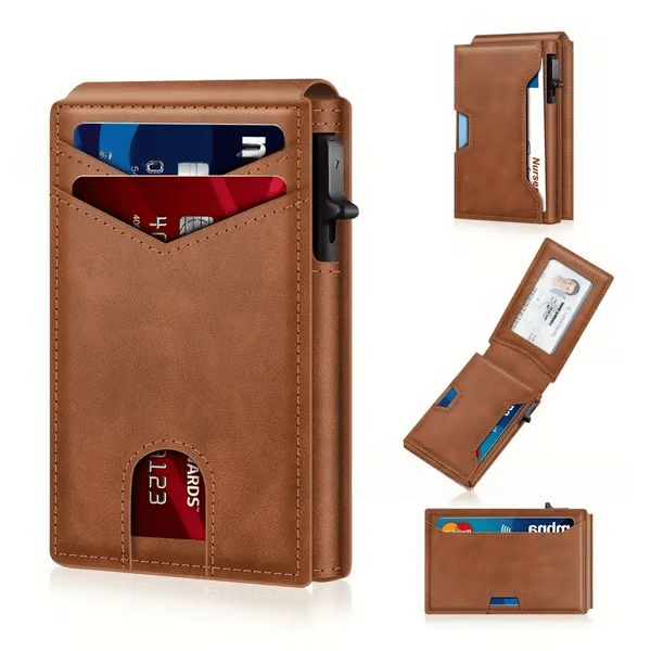 💼🔒Premium Aluminum RFID Blocking Minimalist Wallet for Men – Pop-Up Quick Access Card Holder with ID Window