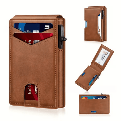 💼🔒Premium Aluminum RFID Blocking Minimalist Wallet for Men – Pop-Up Quick Access Card Holder with ID Window
