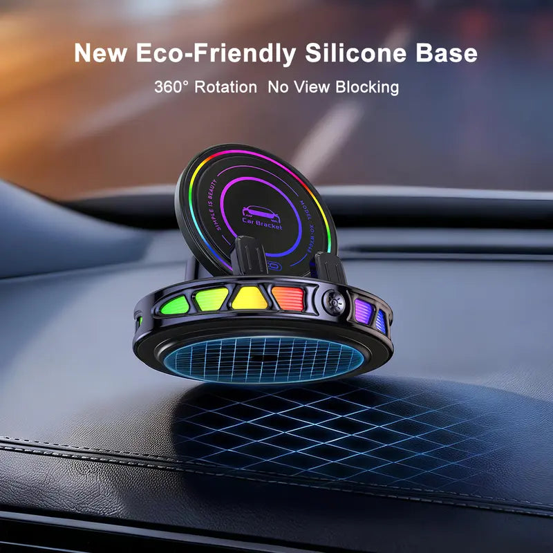 📱🚗🔄360° Rotating Wireless Charging Car Phone Mount with RGB LED Lights
