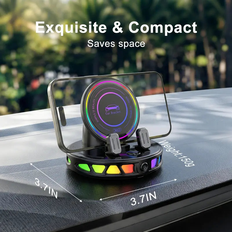 📱🚗🔄360° Rotating Wireless Charging Car Phone Mount with RGB LED Lights