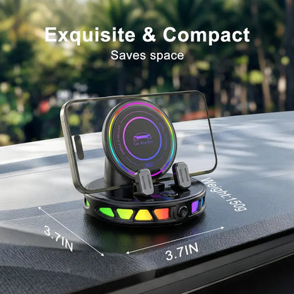 📱🚗🔄360° Rotating Wireless Charging Car Phone Mount with RGB LED Lights